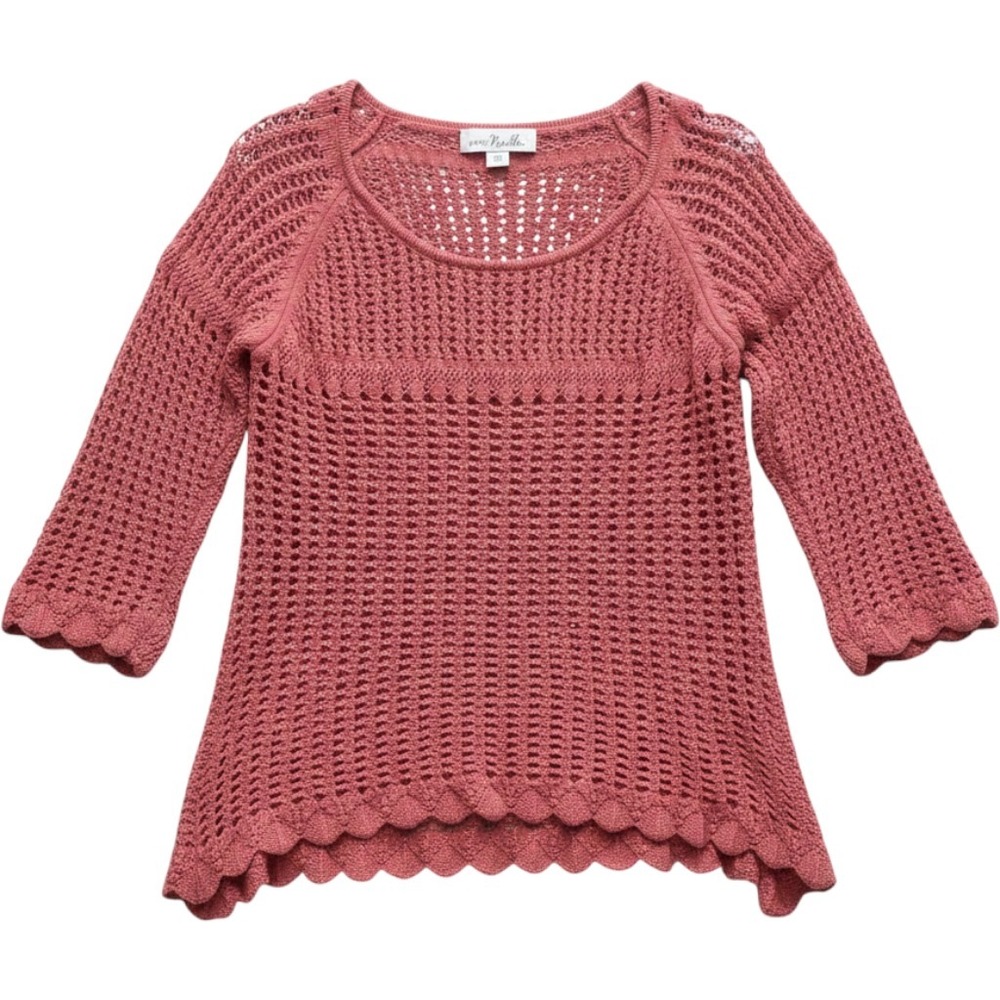 Simply Noelle Women Rose Terracotta Open Knit Crochet Scalloped Pullover Sweater